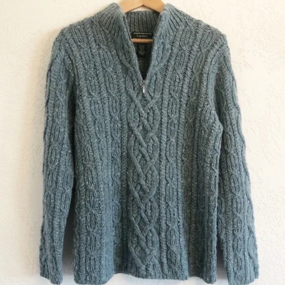 Lauren Ralph Lauren 100% Wool Hand Knit Mock Neck 1/4 Zip Sweater Size S (P/P)